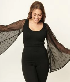 Smak Parlour Black & Swiss Dotted Bell Sleeve Bodysuit Trending