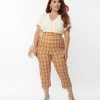 Unique Vintage Plus Size Orange Plaid Belted Crop Pants