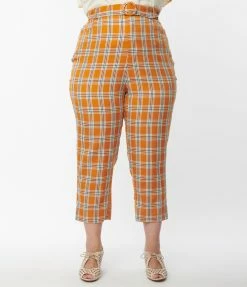 Unique Vintage Plus Size Orange Plaid Belted Crop Pants