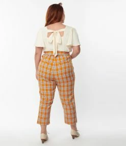 Unique Vintage Plus Size Orange Plaid Belted Crop Pants