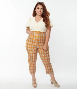 Unique Vintage Plus Size Orange Plaid Belted Crop Pants