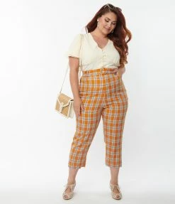 Unique Vintage Plus Size Orange Plaid Belted Crop Pants
