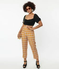 Unique Vintage Orange Plaid Belted Crop Pants Sale