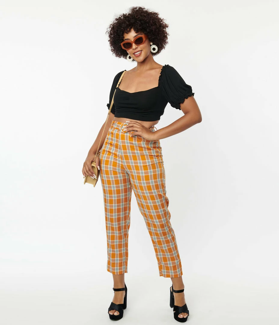 Unique Vintage Orange Plaid Belted Crop Pants Sale