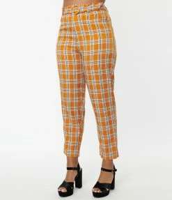 Unique Vintage Orange Plaid Belted Crop Pants Sale