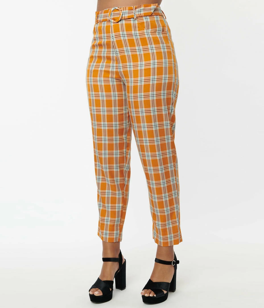 Unique Vintage Orange Plaid Belted Crop Pants Sale