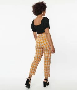 Unique Vintage Orange Plaid Belted Crop Pants Sale