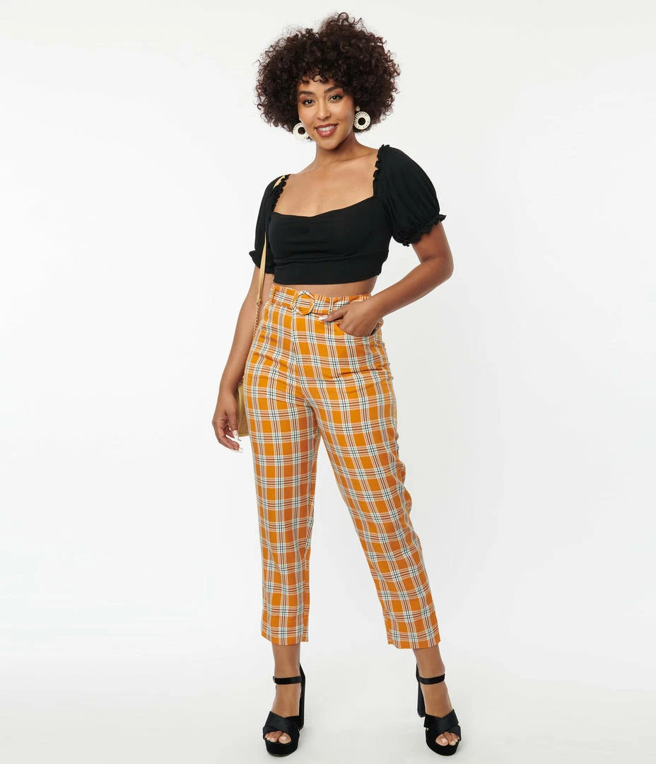 Unique Vintage Orange Plaid Belted Crop Pants Sale