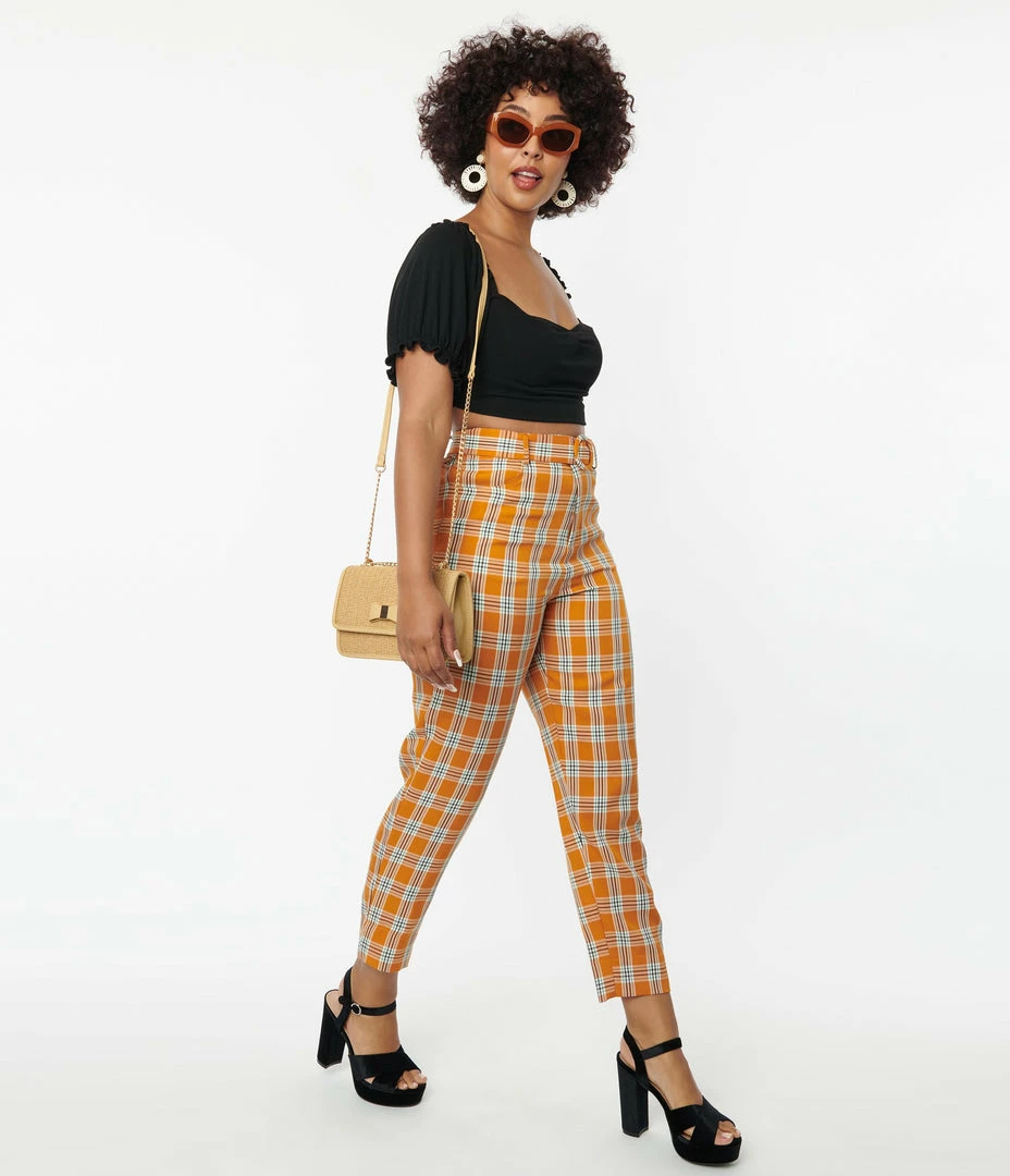 Unique Vintage Orange Plaid Belted Crop Pants Sale