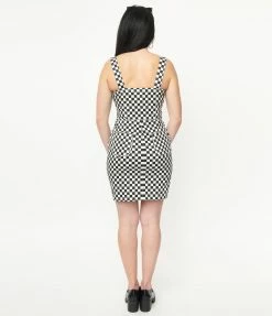 Unique Vintage Black & White Checkered Fitted Pinafore Sale