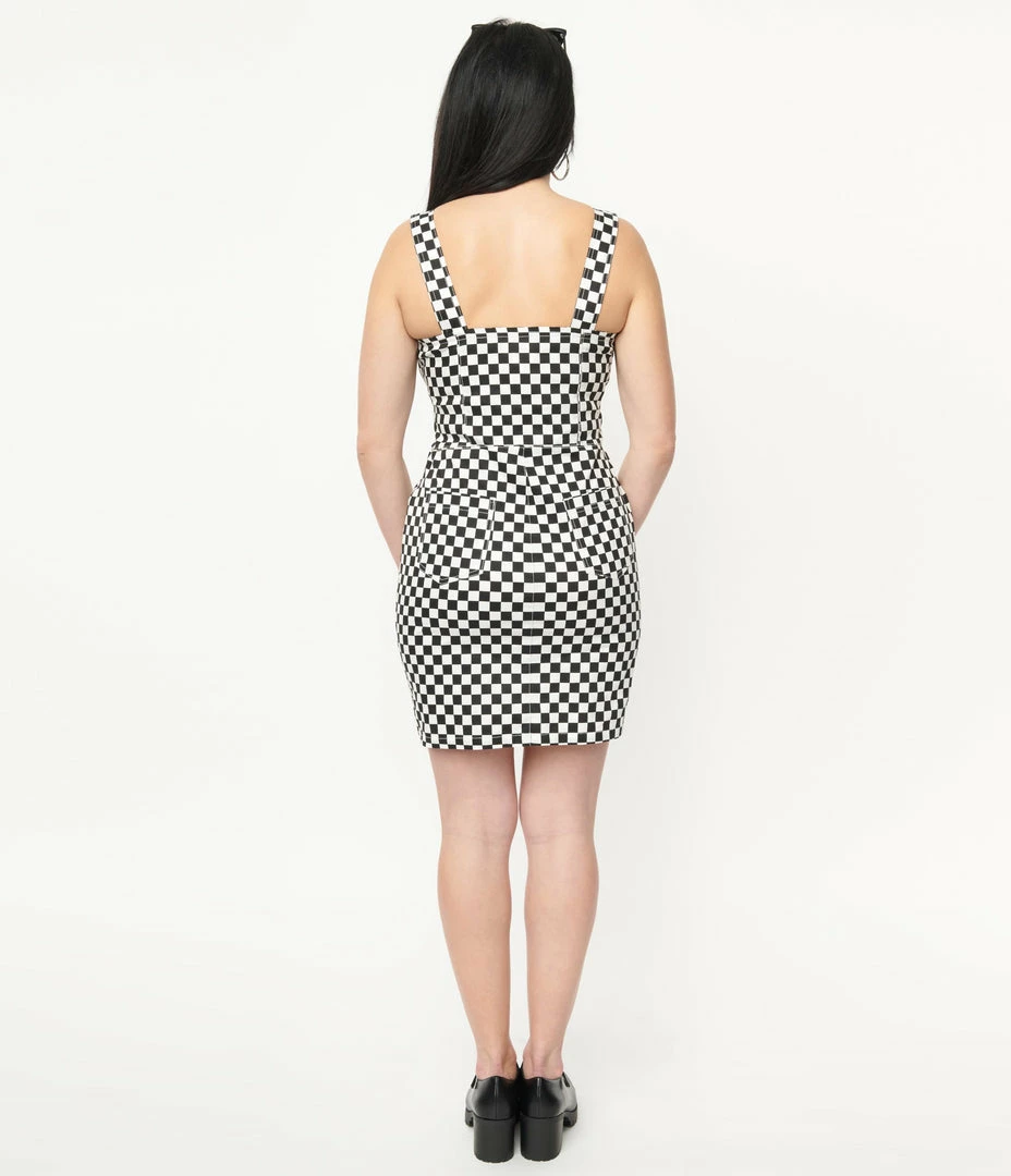 Unique Vintage Black & White Checkered Fitted Pinafore Sale