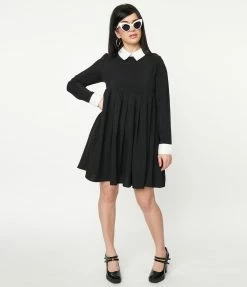 Unique Vintage Black & White Collar Peggy Babydoll Dress Clothing