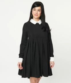 Unique Vintage Black & White Collar Peggy Babydoll Dress Clothing