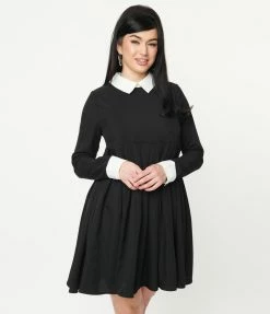 Unique Vintage Black & White Collar Peggy Babydoll Dress Clothing