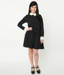 Unique Vintage Black & White Collar Peggy Babydoll Dress Clothing