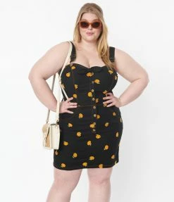Unique Vintage Plus Size Black & Pumpkin Fitted Pinafore Sale