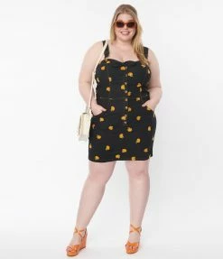 Unique Vintage Plus Size Black & Pumpkin Fitted Pinafore Sale