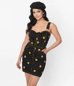 Sale Unique Vintage Black & Pumpkin Fitted Pinafore