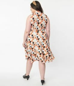 Sale Unique Vintage Plus Size Rust & White Polka Dot Print Swing Dress
