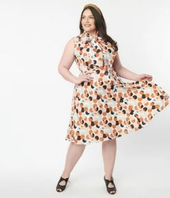 Sale Unique Vintage Plus Size Rust & White Polka Dot Print Swing Dress