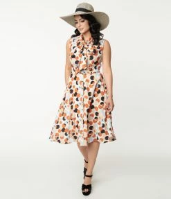 Unique Vintage Rust & White Polka Dot Print Swing Dress