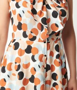 Unique Vintage Rust & White Polka Dot Print Swing Dress
