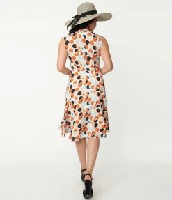 Unique Vintage Rust & White Polka Dot Print Swing Dress