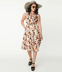 Unique Vintage Rust & White Polka Dot Print Swing Dress