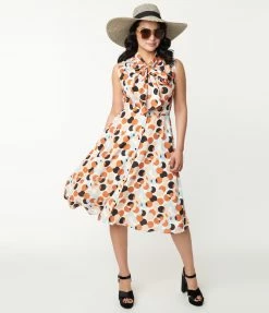 Unique Vintage Rust & White Polka Dot Print Swing Dress
