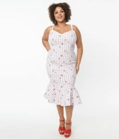 Unique Vintage Plus Size 1950s Lavender Gingham & Cherries Rizzo Wiggle Dress Sale