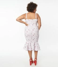 Unique Vintage Plus Size 1950s Lavender Gingham & Cherries Rizzo Wiggle Dress Sale