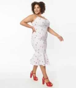 Unique Vintage Plus Size 1950s Lavender Gingham & Cherries Rizzo Wiggle Dress Sale