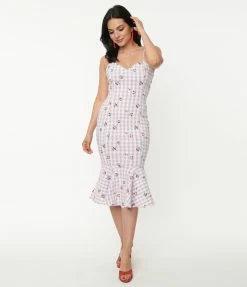 Unique Vintage 1950s Lavender Gingham & Cherries Rizzo Wiggle Dress