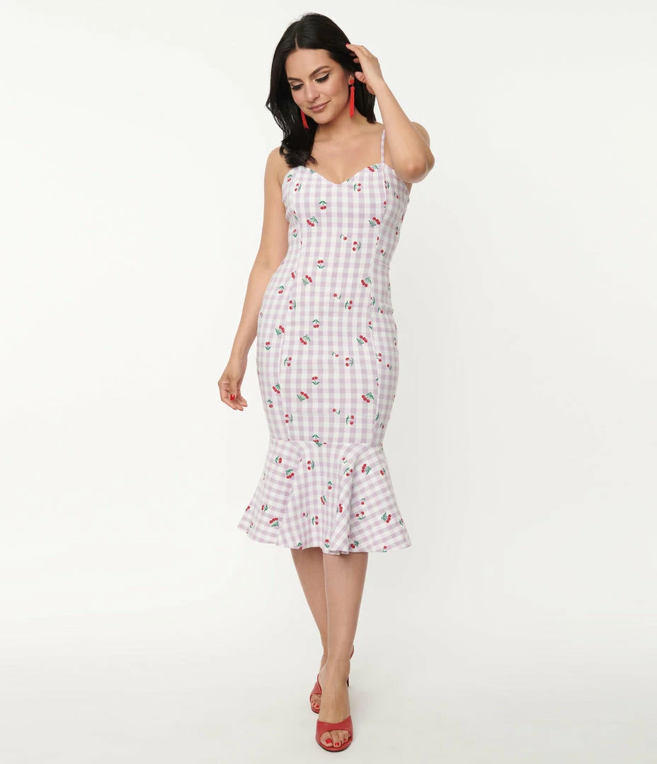 Unique Vintage 1950s Lavender Gingham & Cherries Rizzo Wiggle Dress