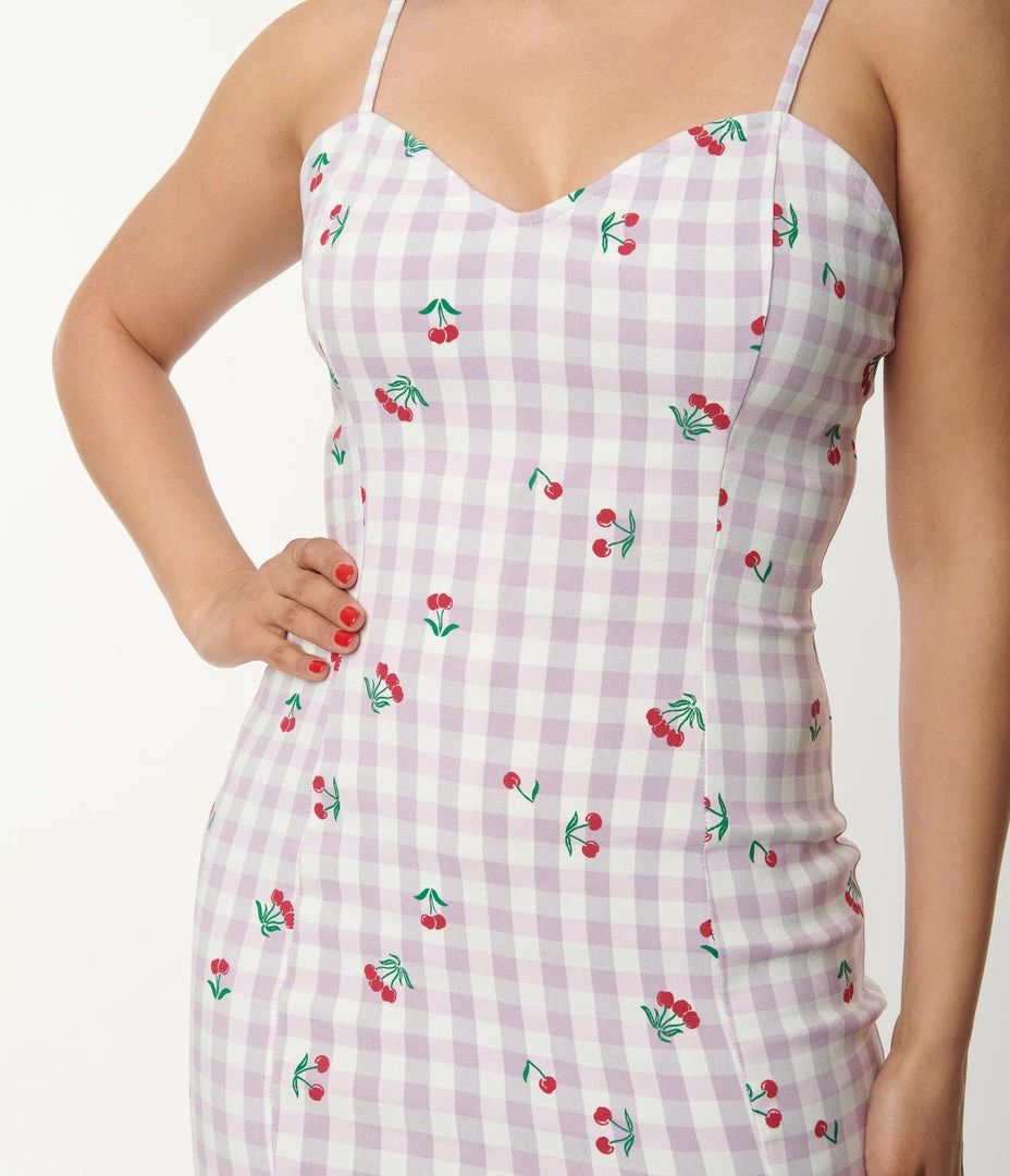 Unique Vintage 1950s Lavender Gingham & Cherries Rizzo Wiggle Dress