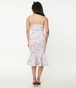 Unique Vintage 1950s Lavender Gingham & Cherries Rizzo Wiggle Dress