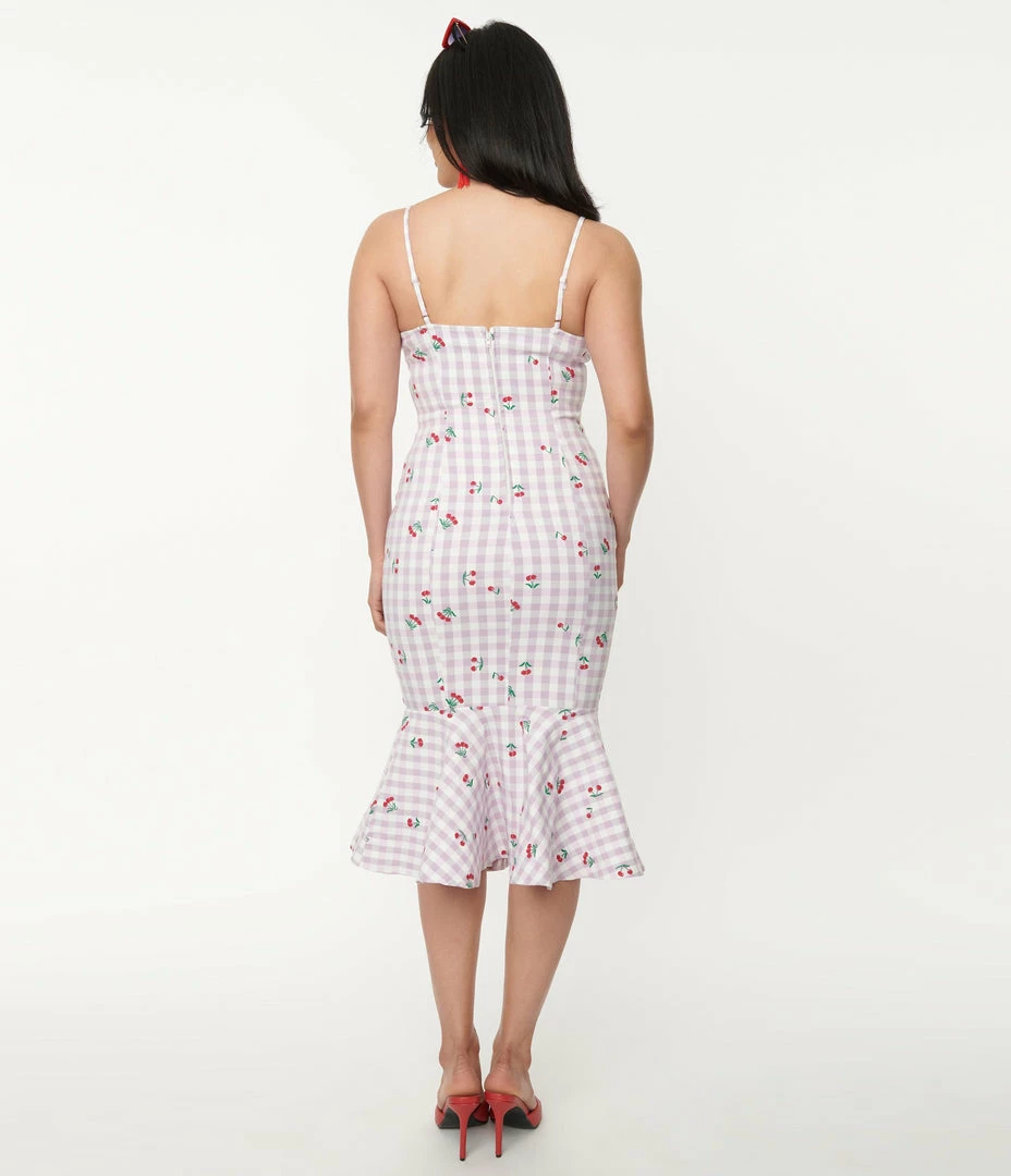 Unique Vintage 1950s Lavender Gingham & Cherries Rizzo Wiggle Dress