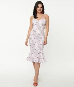 Unique Vintage 1950s Lavender Gingham & Cherries Rizzo Wiggle Dress