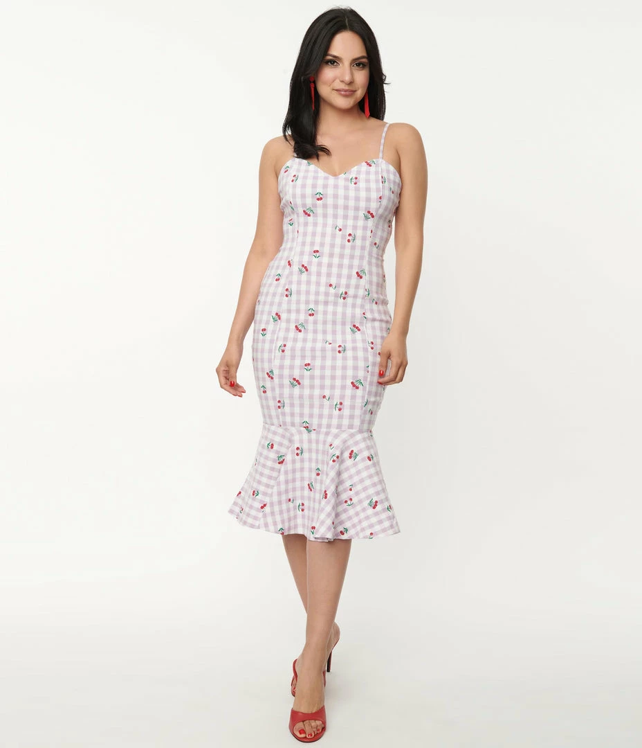 Unique Vintage 1950s Lavender Gingham & Cherries Rizzo Wiggle Dress