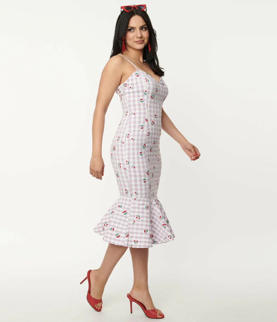 Unique Vintage 1950s Lavender Gingham & Cherries Rizzo Wiggle Dress
