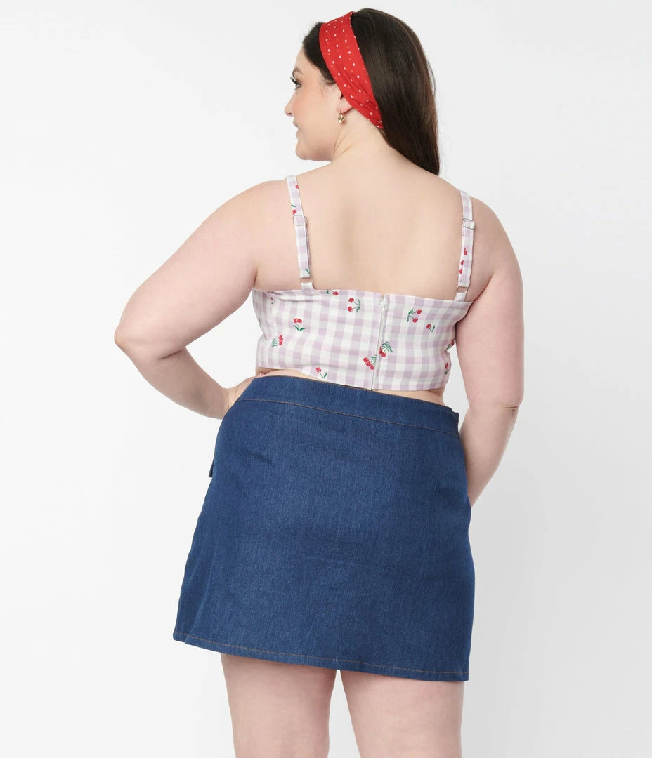 Unique Vintage Plus Size 1950s Lavender Gingham & Cherry Print Crop Top Sale