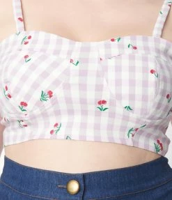 Unique Vintage Plus Size 1950s Lavender Gingham & Cherry Print Crop Top Sale
