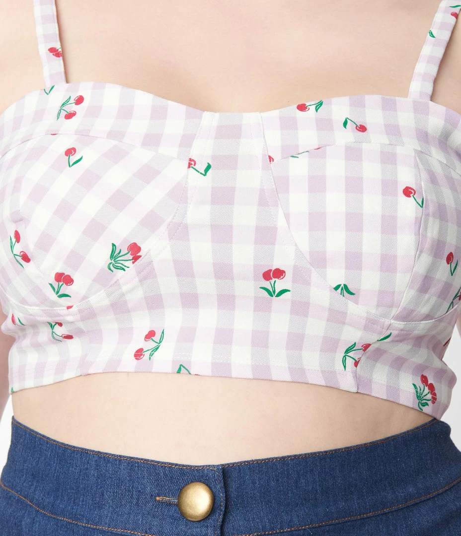Unique Vintage Plus Size 1950s Lavender Gingham & Cherry Print Crop Top Sale
