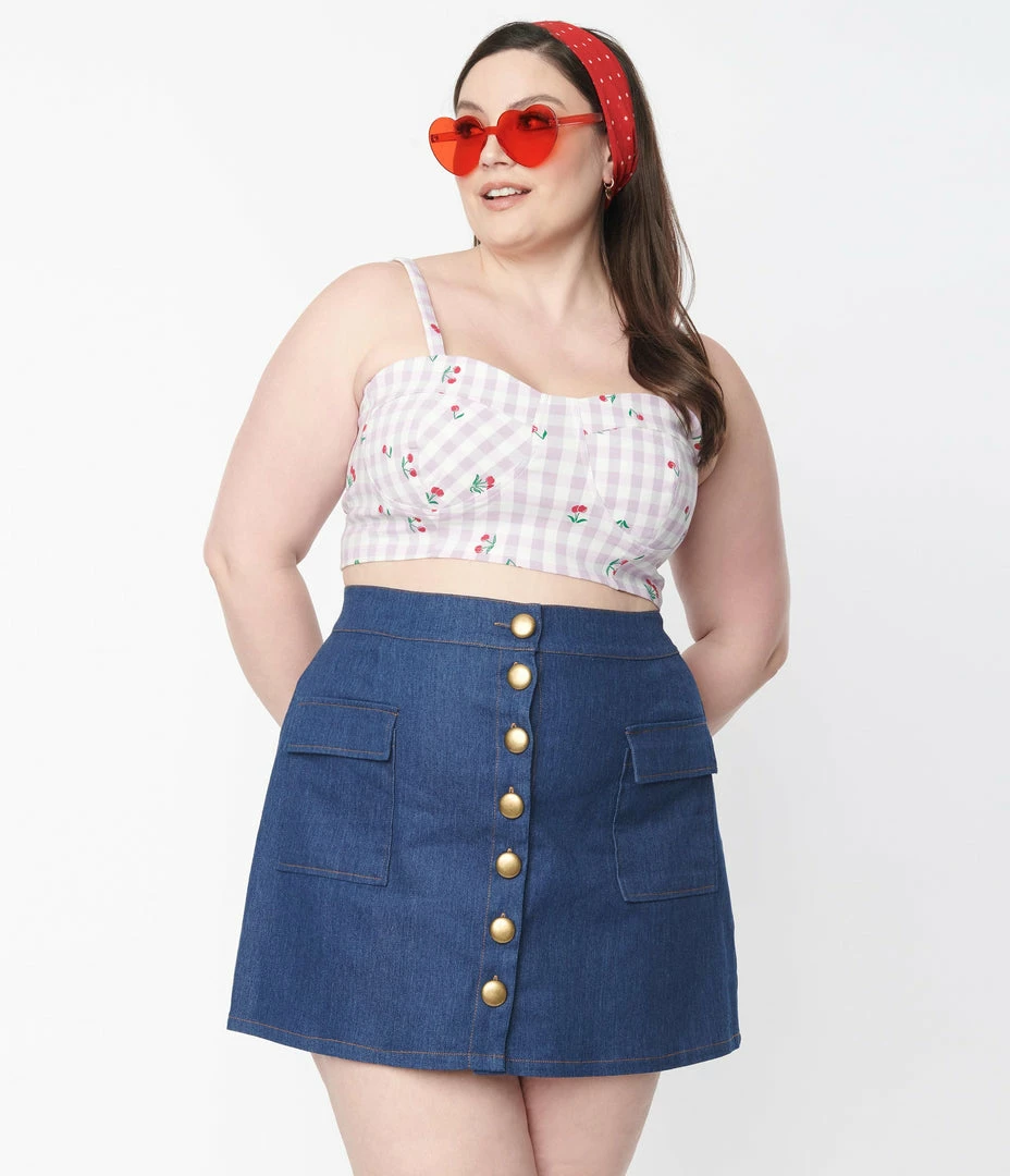 Unique Vintage Plus Size 1950s Lavender Gingham & Cherry Print Crop Top Sale