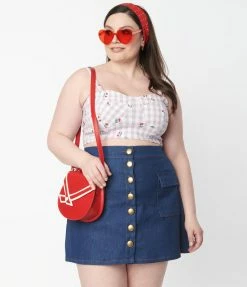 Unique Vintage Plus Size 1950s Lavender Gingham & Cherry Print Crop Top Sale