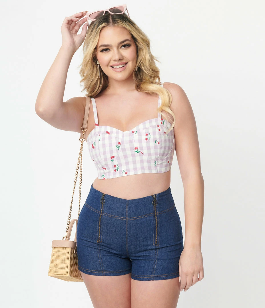 Sale Unique Vintage 1950s Lavender Gingham & Cherries Print Crop Top