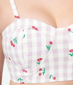 Sale Unique Vintage 1950s Lavender Gingham & Cherries Print Crop Top