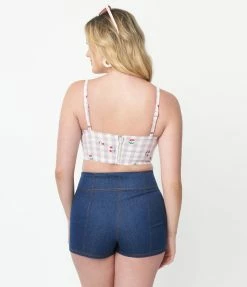 Sale Unique Vintage 1950s Lavender Gingham & Cherries Print Crop Top