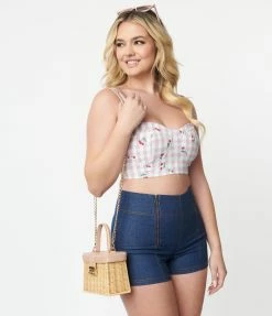 Sale Unique Vintage 1950s Lavender Gingham & Cherries Print Crop Top