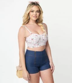 Sale Unique Vintage 1950s Lavender Gingham & Cherries Print Crop Top